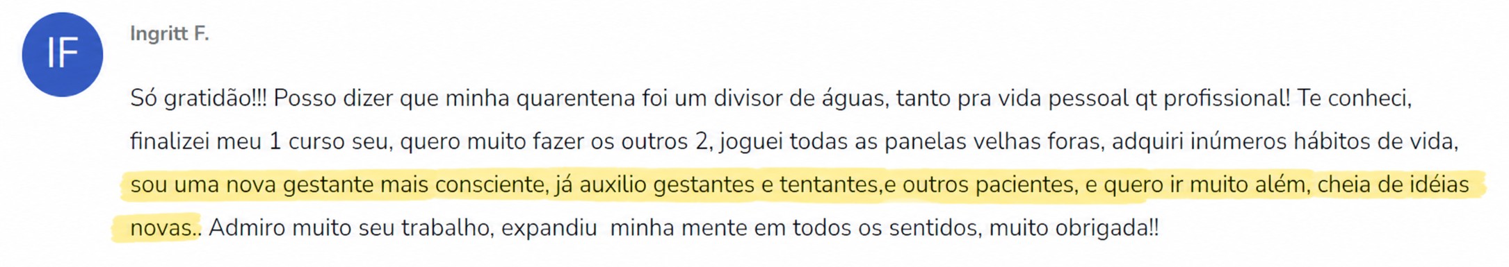 Depoimento de aluna sobre o curso Fertilidade e Gestação
